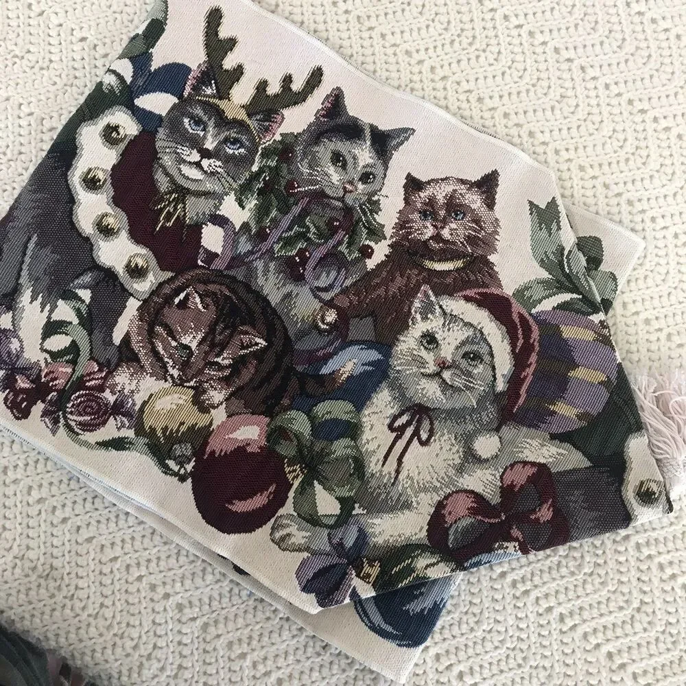 Vintage Cats Kitties Tapestry Table Runner Christmas Mischief Holiday 69 in.